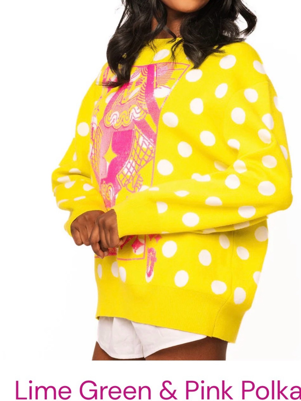 QUEEN OF SPARKLES Lime/hot pink Polka Dot Crewneck Sweater-sz L NWT. - Picture 3 of 5